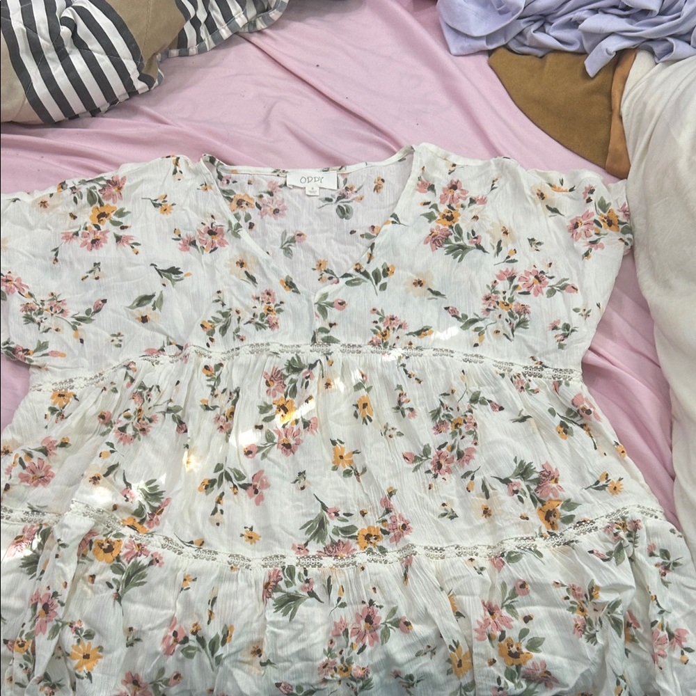 ODDY Floral Blouse - White with Pink and Yellow Flowers